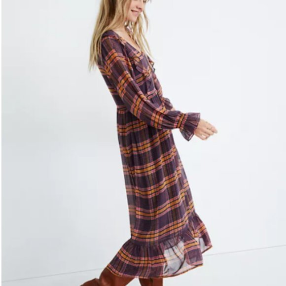 Madewell Sheer Plaid Full-Sleeve Ruffle Dress - Picture 3 of 9